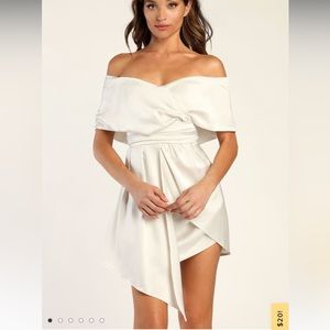 Ivory satin off the shoulder mini dress